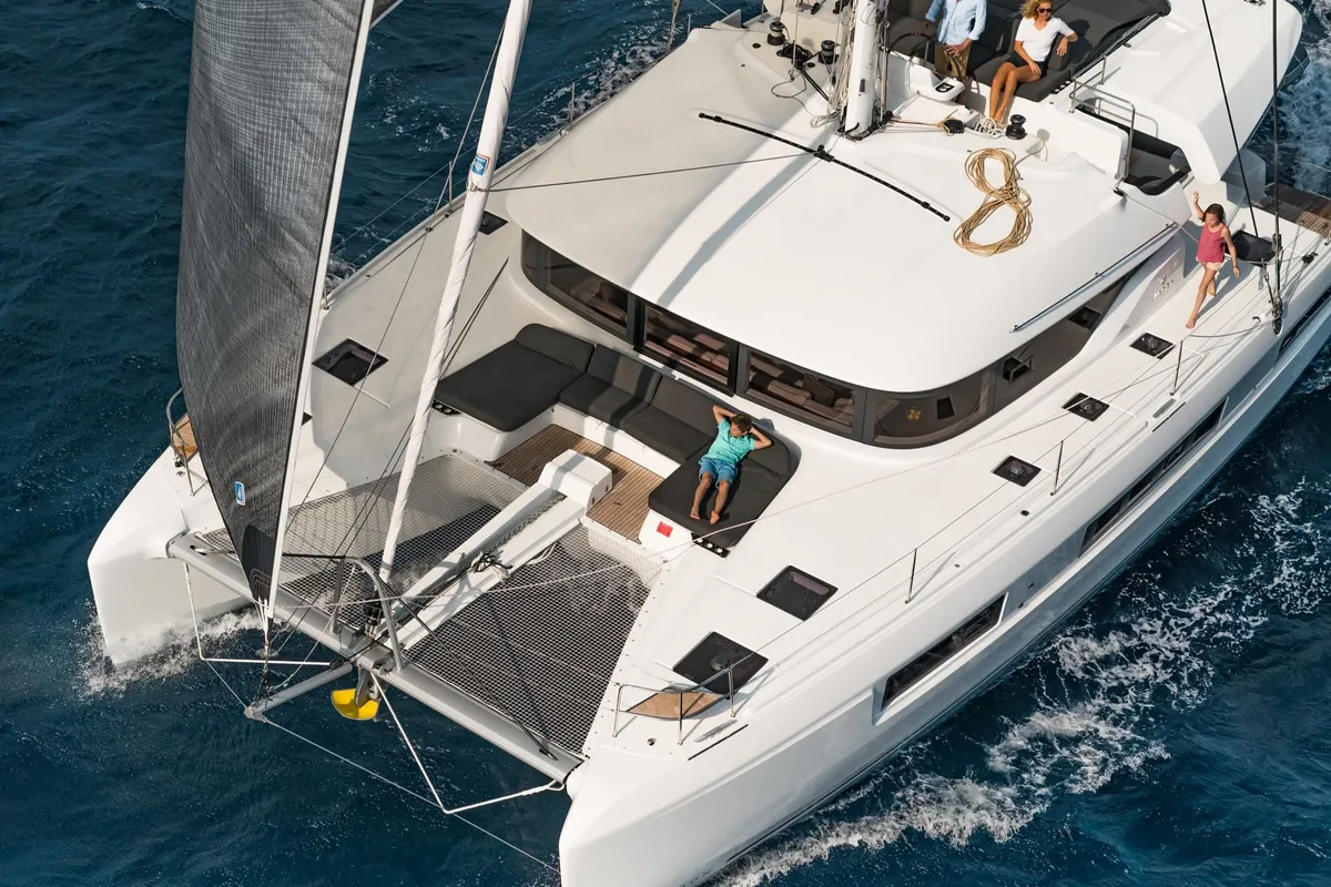 Exterior view of SOPHIA, a Lagoon 50 catamaran at Nea Peramos, Greece