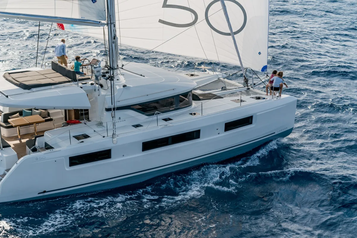 Exterior view of SOPHIA, a Lagoon 50 catamaran at Nea Peramos, Greece
