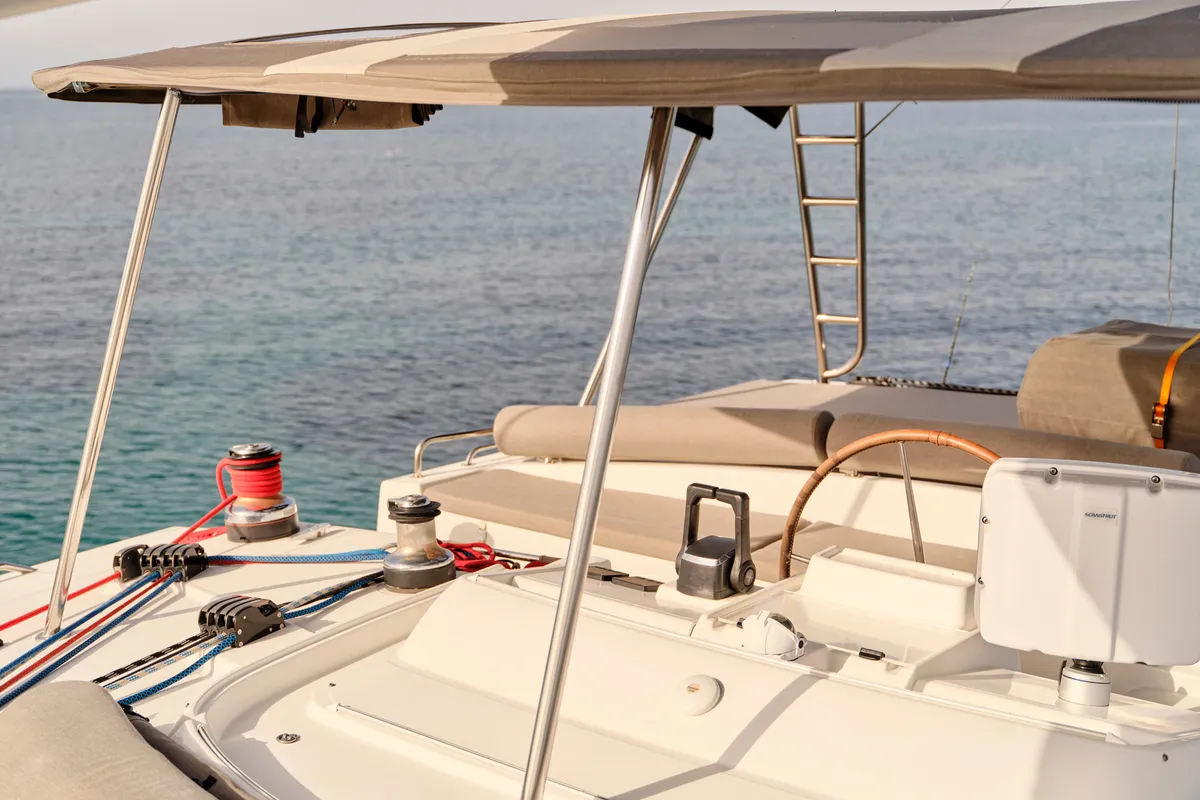 Cockpit of SOPHIA, a Lagoon 50 catamaran at Nea Peramos, Greece