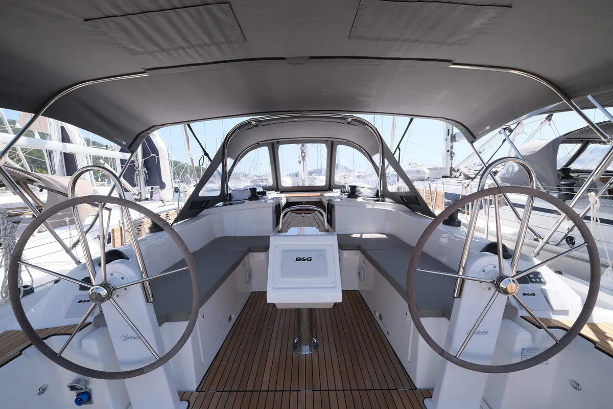 Cockpit of Coral, a Bavaria C38 sailboat at Fethiye, Turkey