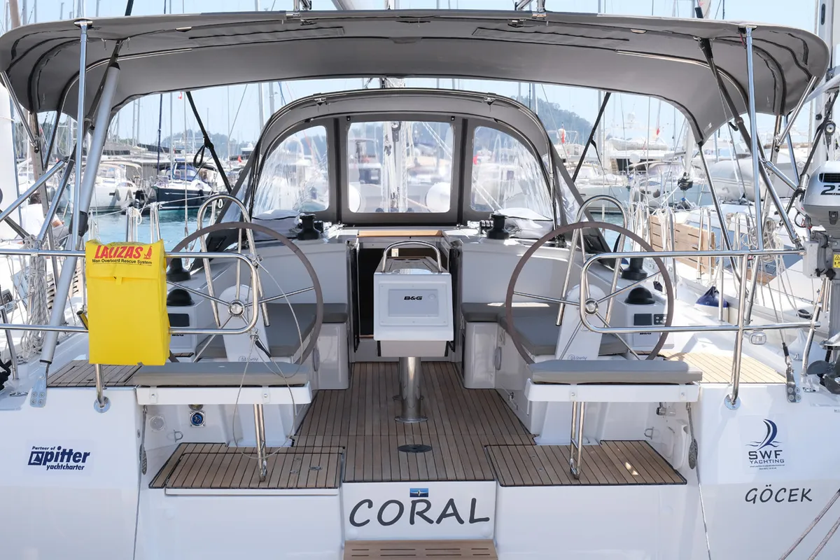Cockpit of Coral, a Bavaria C38 sailboat at Fethiye, Turkey