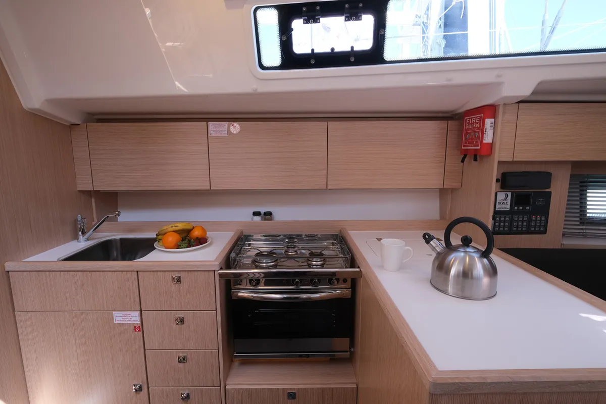 Galley of Coral, a Bavaria C38 sailboat at Fethiye, Turkey