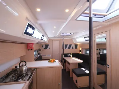 Salon of Coral, a Bavaria C38 sailboat at Fethiye, Turkey