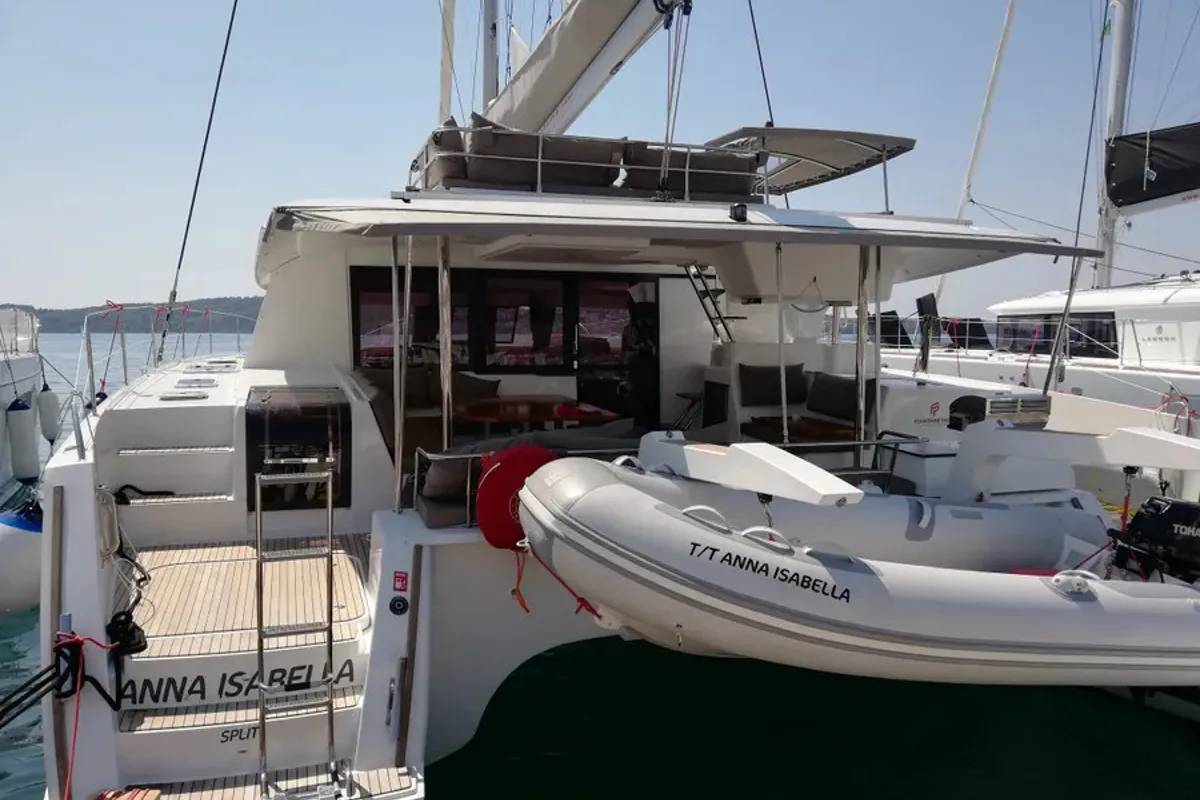 Exterior view of Anna Isabella, a Fountaine Pajot Saba 50 catamaran at Roche Caiman, Seychelles