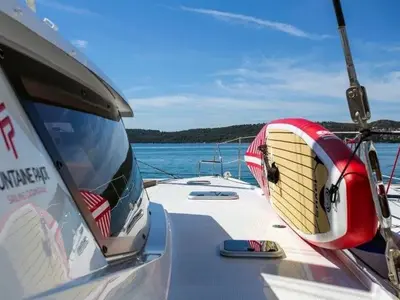 Deck of Anna Isabella, a Fountaine Pajot Saba 50 catamaran at Roche Caiman, Seychelles