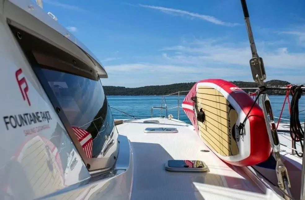 Deck of Anna Isabella, a Fountaine Pajot Saba 50 catamaran at Roche Caiman, Seychelles