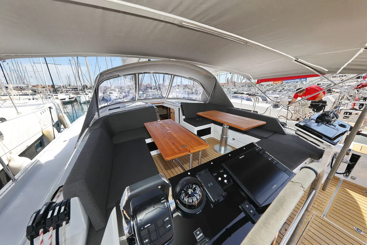 Deck of Kontrari - OW, a Hanse 460 sailboat at Grad Biograd na Moru, Croatia