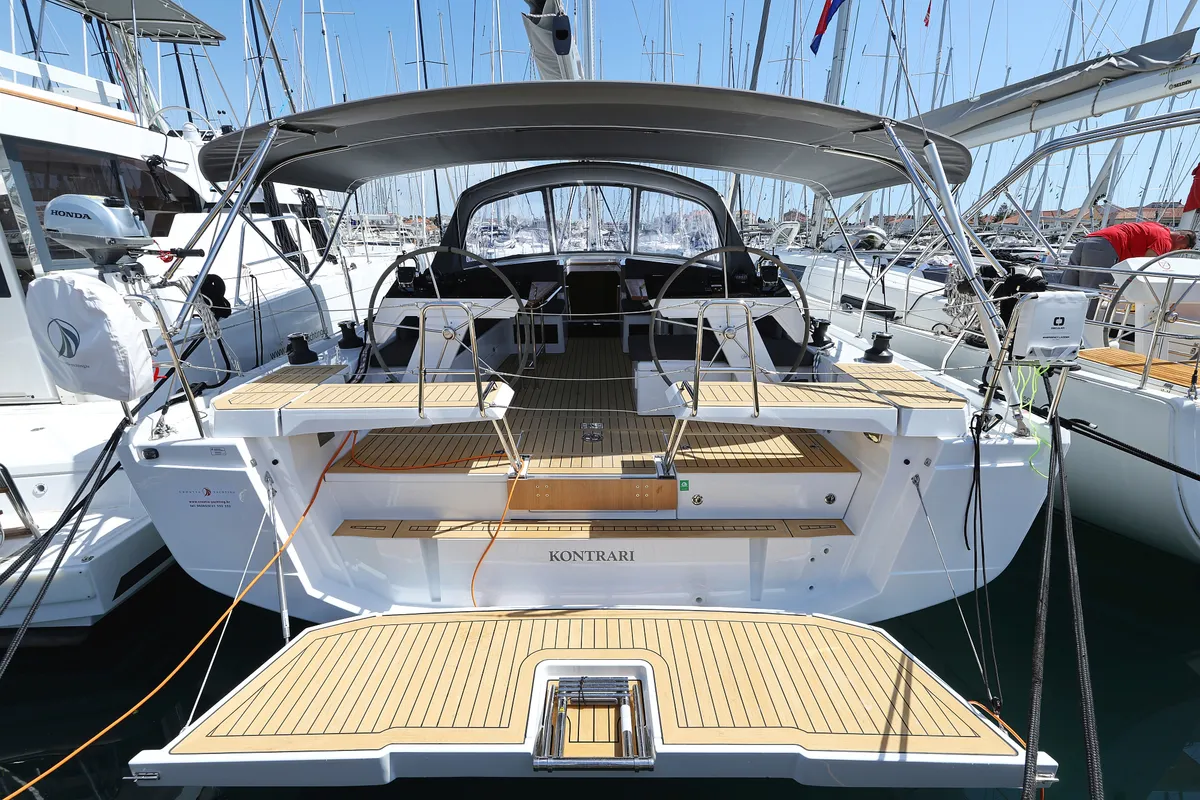Exterior view of Kontrari - OW, a Hanse 460 sailboat at Grad Biograd na Moru, Croatia