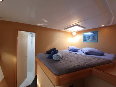 Cabin on Fantasy, a Lagoon 420 catamaran at Athens, Greece