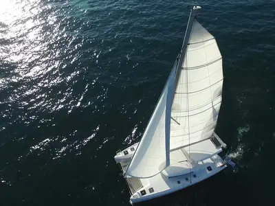 Exterior view of Fantasy, a Lagoon 420 catamaran at Athens, Greece