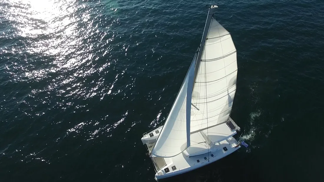 Exterior view of Fantasy, a Lagoon 420 catamaran at Athens, Greece