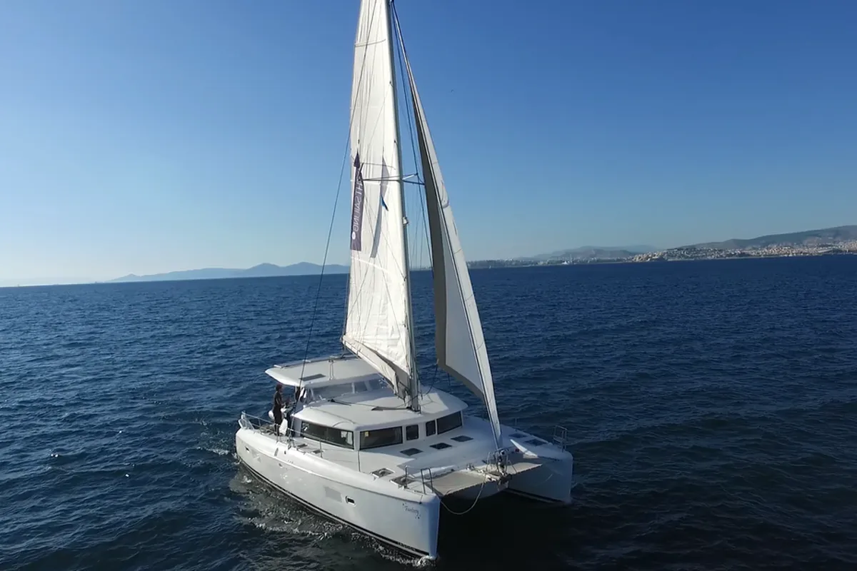 Exterior view of Fantasy, a Lagoon 420 catamaran at Athens, Greece