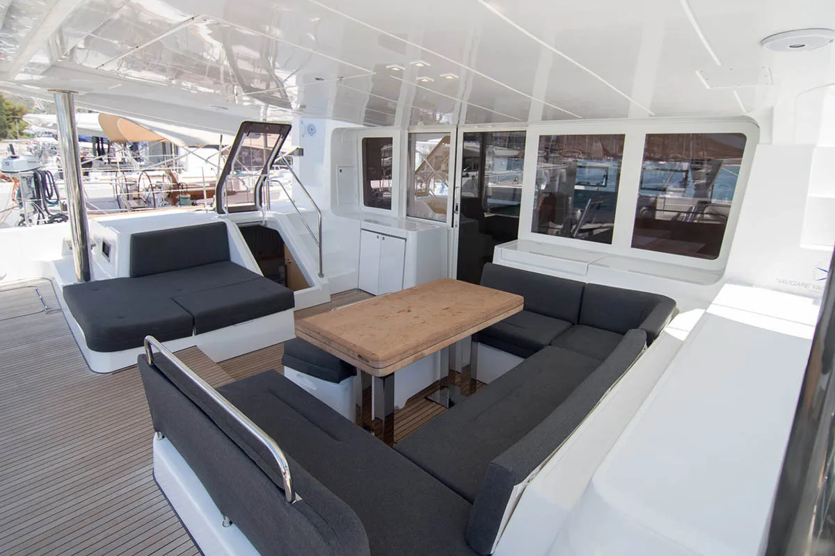 Deck of Costabella , a Lagoon 52 F catamaran at Roche Caiman, Seychelles