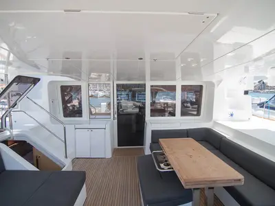 Deck of Costabella , a Lagoon 52 F catamaran at Roche Caiman, Seychelles