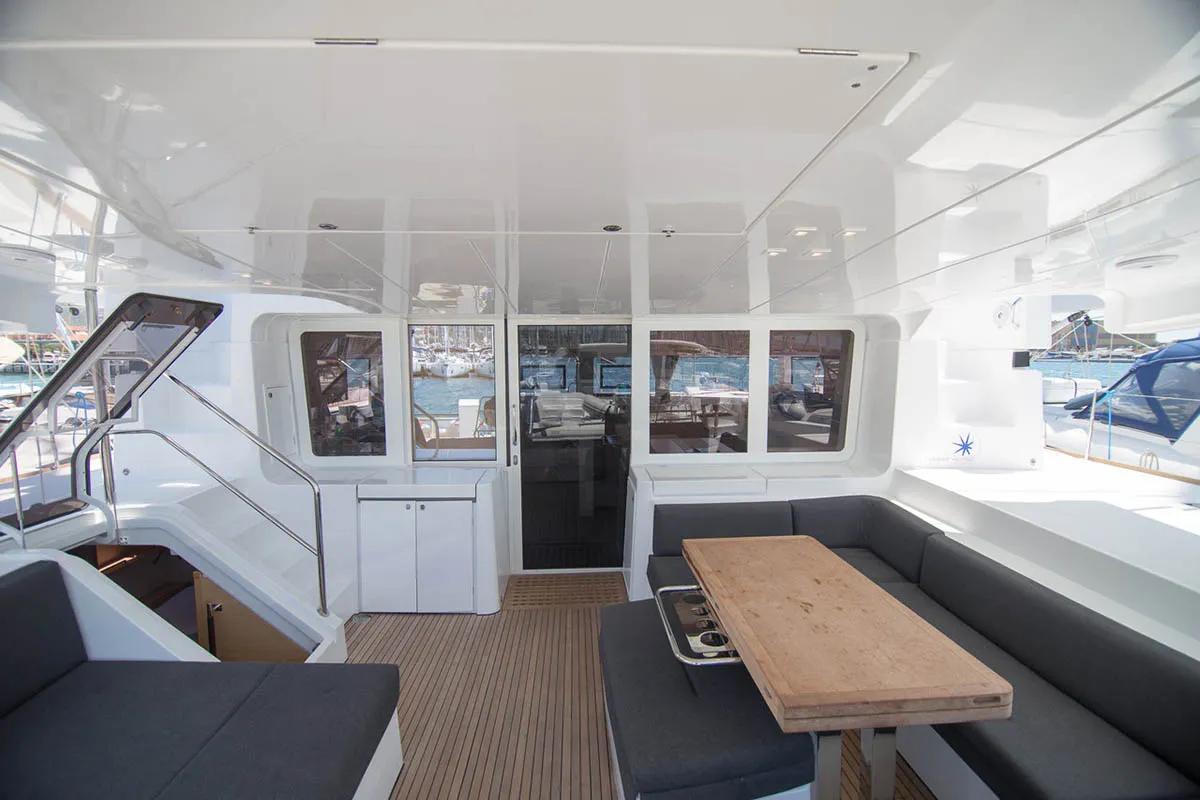 Deck of Costabella , a Lagoon 52 F catamaran at Roche Caiman, Seychelles