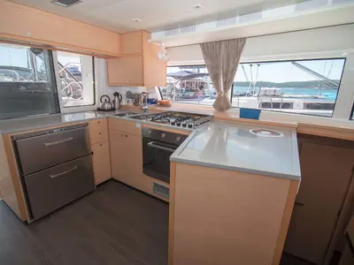 Galley of Costabella , a Lagoon 52 F catamaran at Roche Caiman, Seychelles