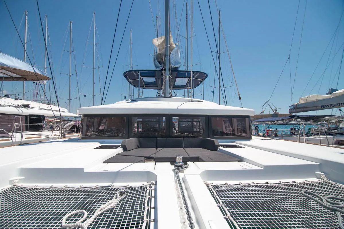 Deck of Costabella , a Lagoon 52 F catamaran at Roche Caiman, Seychelles