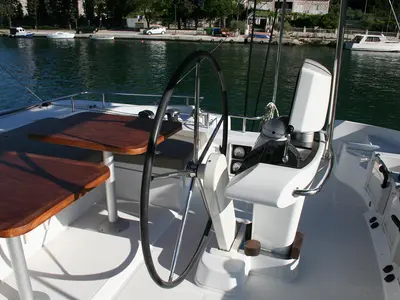 Cockpit of Costabella , a Lagoon 52 F catamaran at Roche Caiman, Seychelles