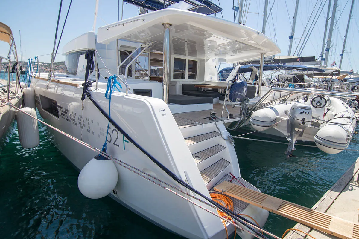 Exterior view of Costabella , a Lagoon 52 F catamaran at Roche Caiman, Seychelles