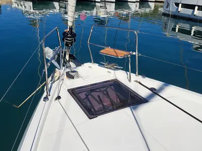 Deck of Mirrmurr, a Jeanneau Sun Odyssey 490 sailboat at Kaštela, Croatia