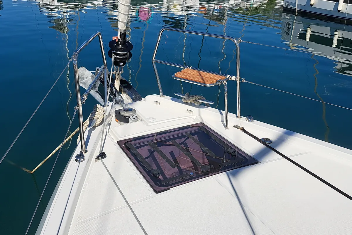 Deck of Mirrmurr, a Jeanneau Sun Odyssey 490 sailboat at Kaštela, Croatia