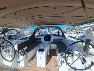Cockpit of Mirrmurr, a Jeanneau Sun Odyssey 490 sailboat at Kaštela, Croatia
