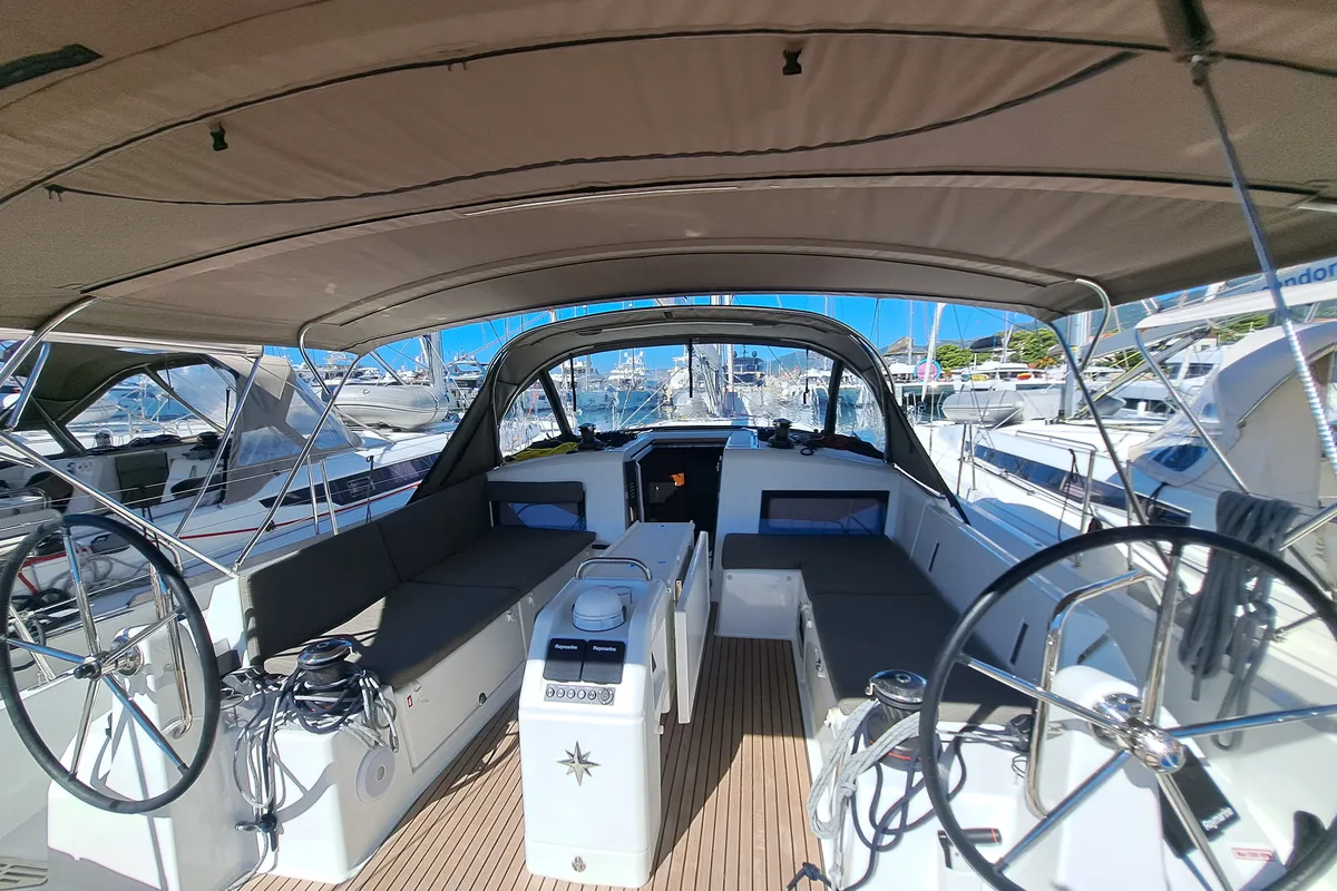 Cockpit of Mirrmurr, a Jeanneau Sun Odyssey 490 sailboat at Kaštela, Croatia