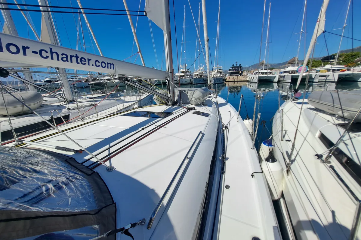 Exterior view of Mirrmurr, a Jeanneau Sun Odyssey 490 sailboat at Kaštela, Croatia