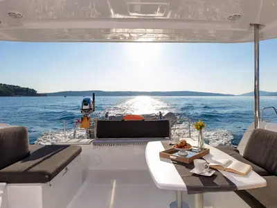 Deck of Zagvozd, a Lagoon 40 catamaran at Grad Kaštela, Croatia