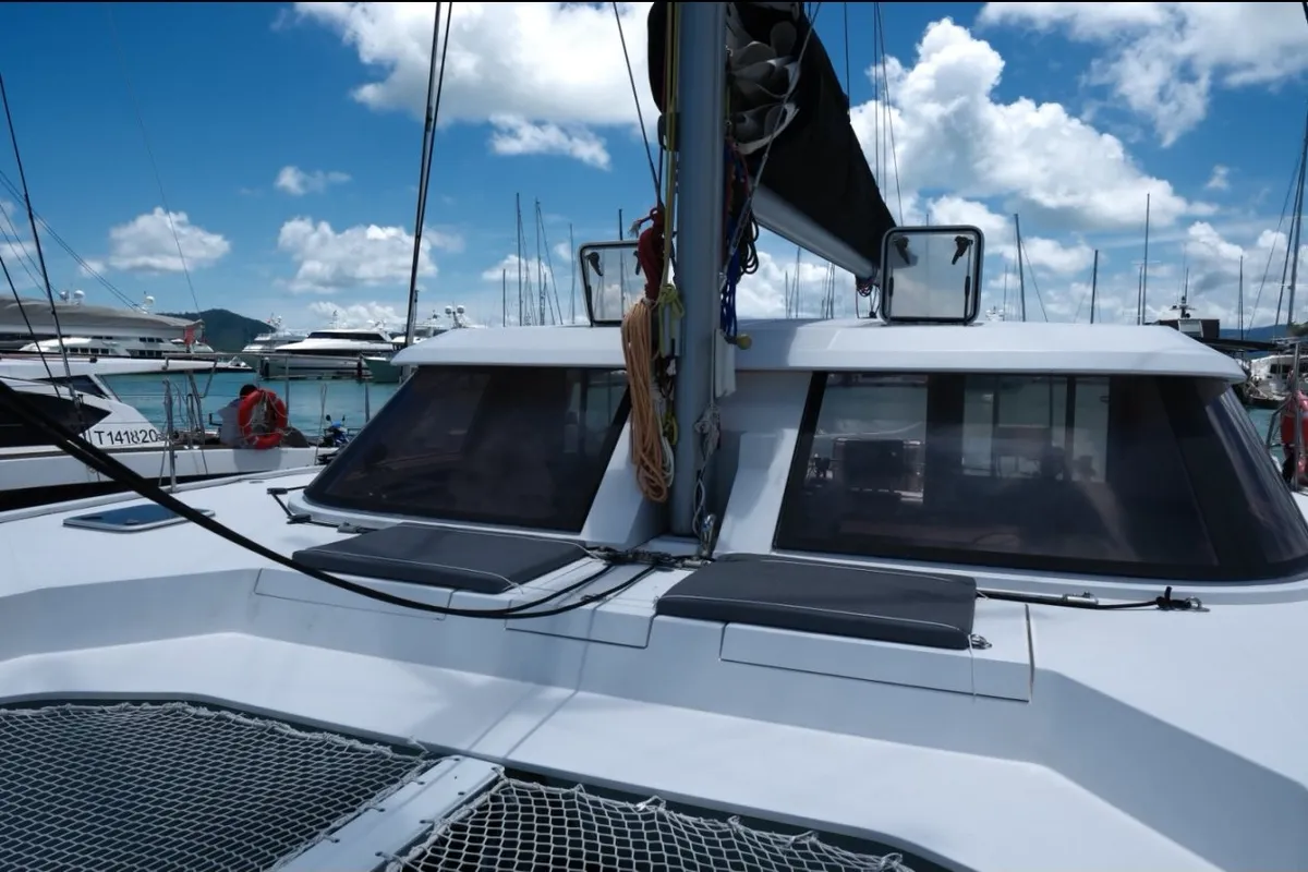 Deck of Andaman Discovery 2, a Nautitech 40 Open catamaran at Mai Khao, Thailand