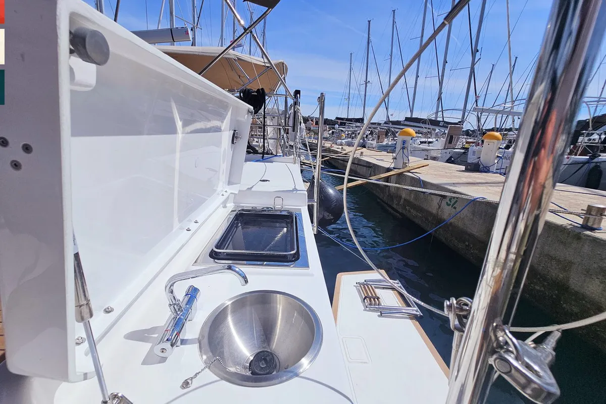 Deck of Ella, a Dufour 41 sailboat at Rogoznica, Croatia