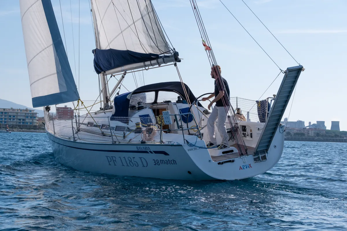 Exterior view of ARTIX, a Bavaria 38 Match sailboat at Rosignano Solvay, Italy