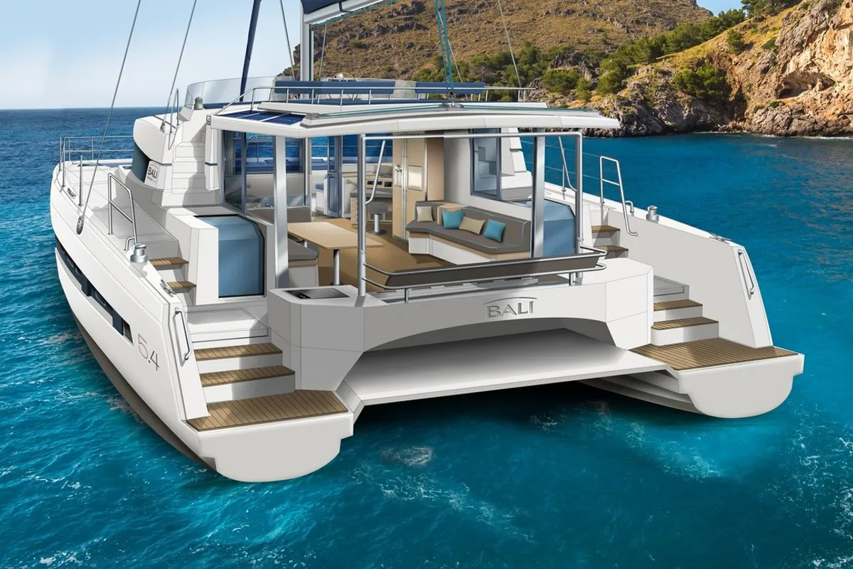 Exterior view of Fortune One, a Bali 5.4 catamaran at Lavreotiki, Greece