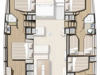 Floor plan of Fortune One, a Bali 5.4 catamaran at Lavreotiki, Greece