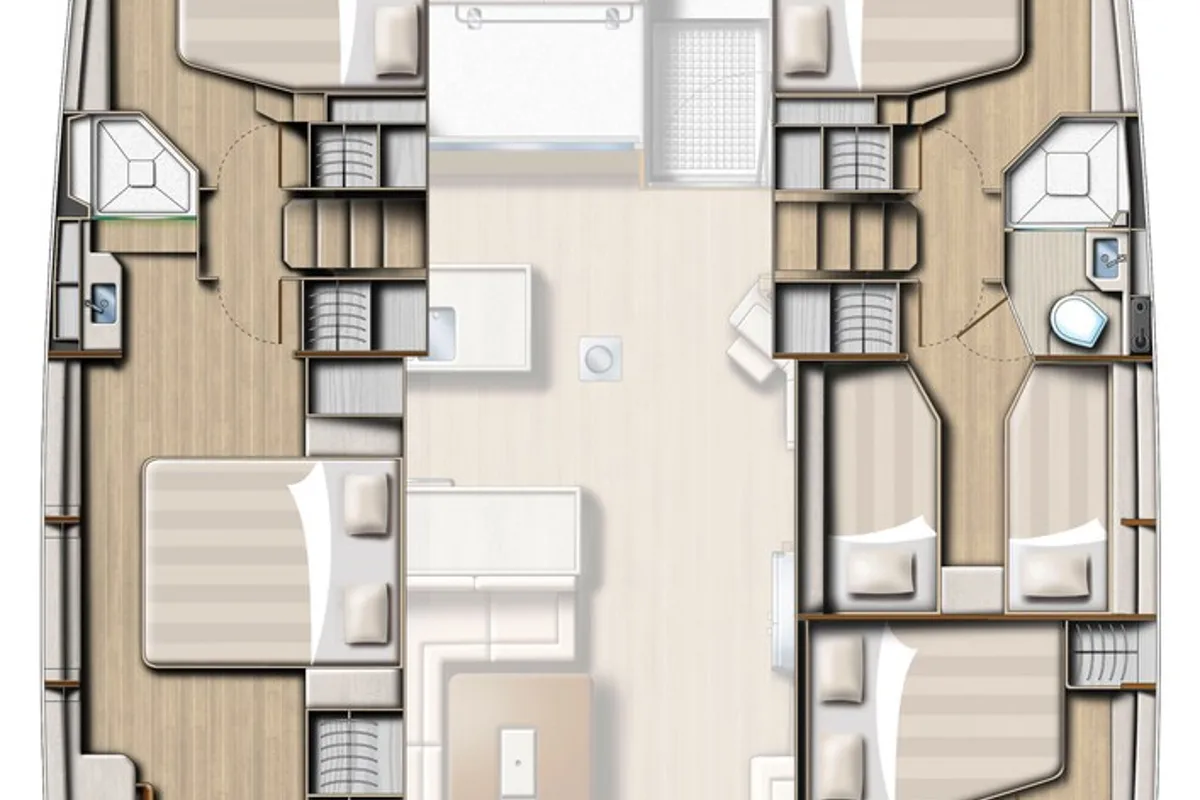 Floor plan of Fortune One, a Bali 5.4 catamaran at Lavreotiki, Greece