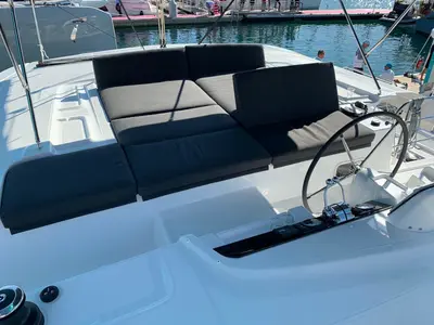 Cockpit of Dream Lagoon, a Lagoon 46 catamaran at Olbia, Italy