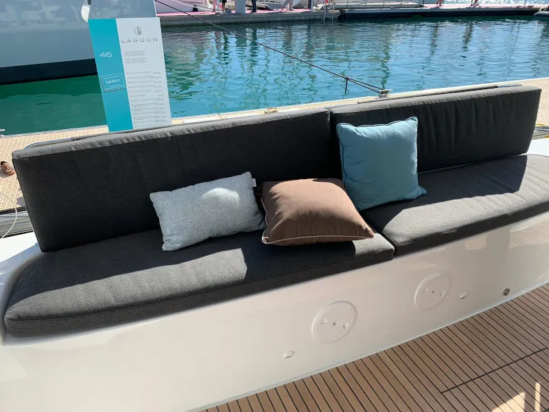 Deck of Dream Lagoon, a Lagoon 46 catamaran at Olbia, Italy