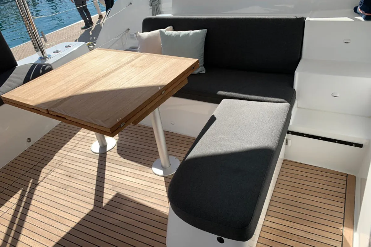 Deck of Dream Lagoon, a Lagoon 46 catamaran at Olbia, Italy