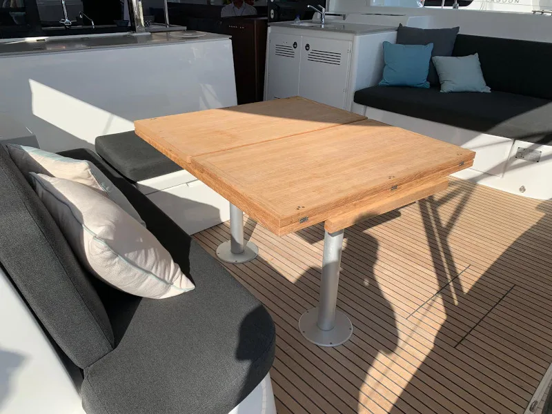 Deck of Dream Lagoon, a Lagoon 46 catamaran at Olbia, Italy