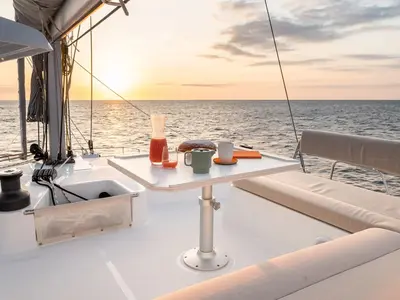 Deck of Romar One, a Bali 4.4 catamaran at Athens, Greece