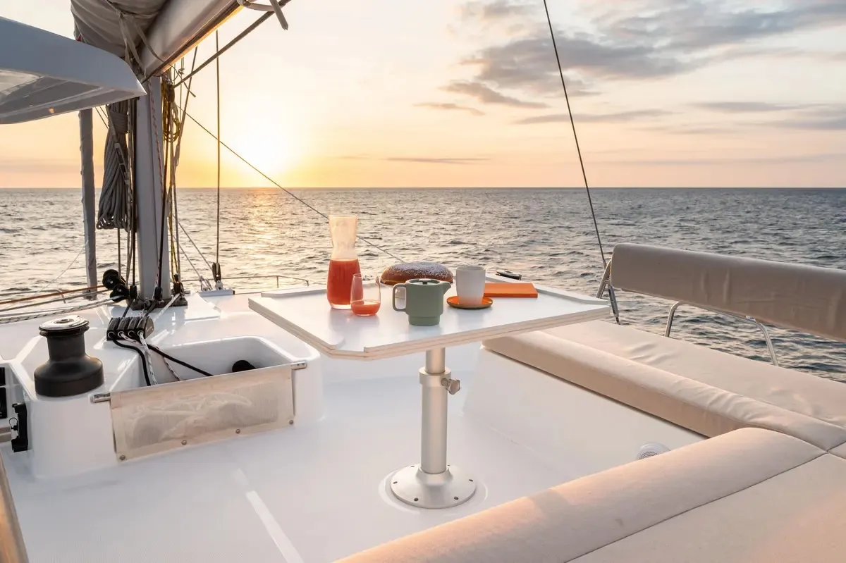 Deck of Romar One, a Bali 4.4 catamaran at Athens, Greece