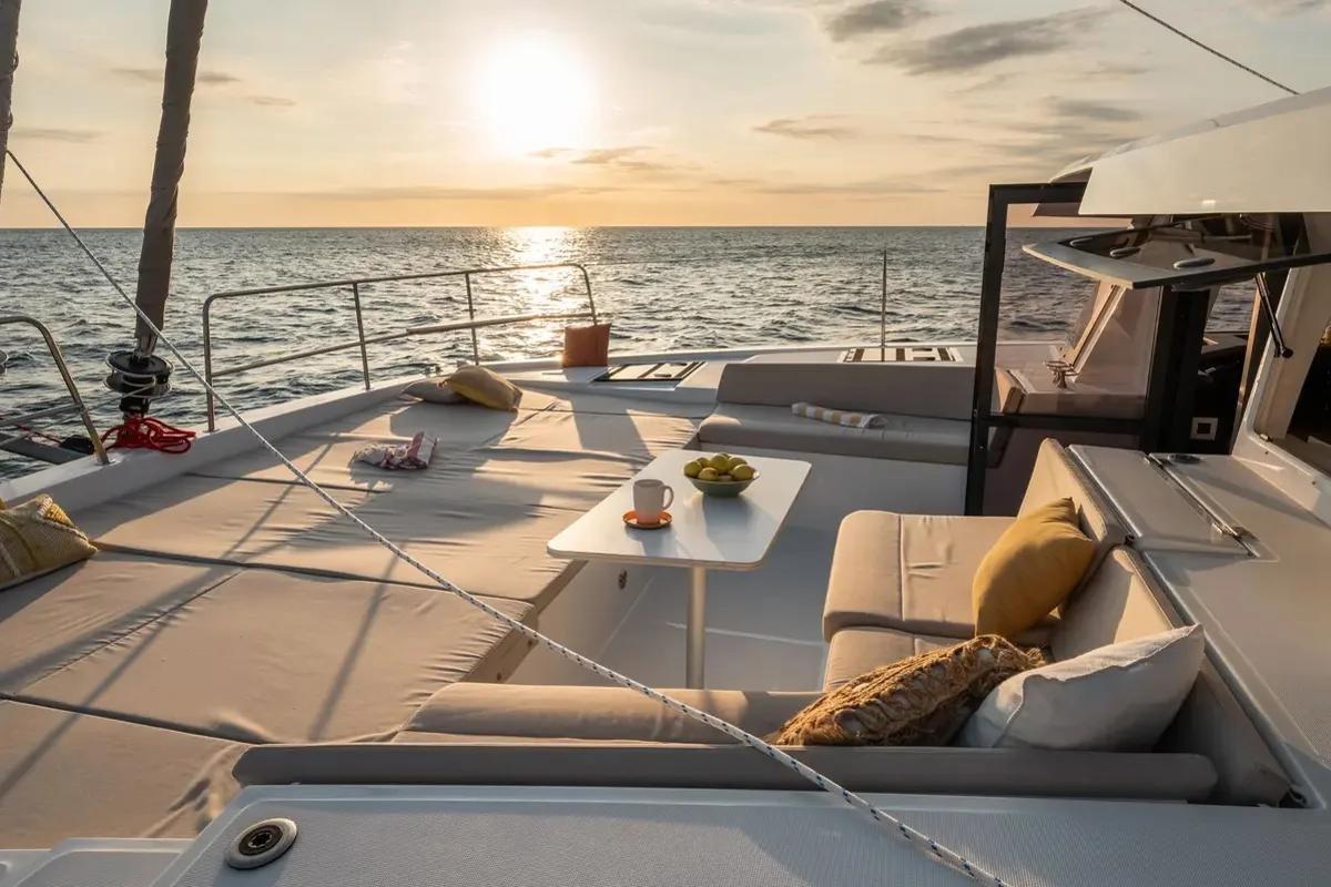 Deck of Romar One, a Bali 4.4 catamaran at Athens, Greece