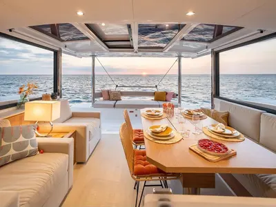 Salon of Romar One, a Bali 4.4 catamaran at Athens, Greece