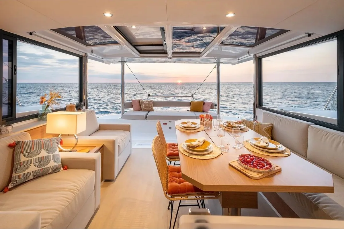 Salon of Romar One, a Bali 4.4 catamaran at Athens, Greece