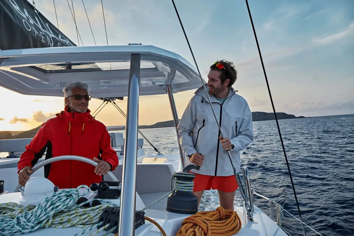 Cockpit of Romar One, a Bali 4.4 catamaran at Athens, Greece
