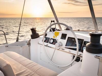 Cockpit of Romar One, a Bali 4.4 catamaran at Athens, Greece