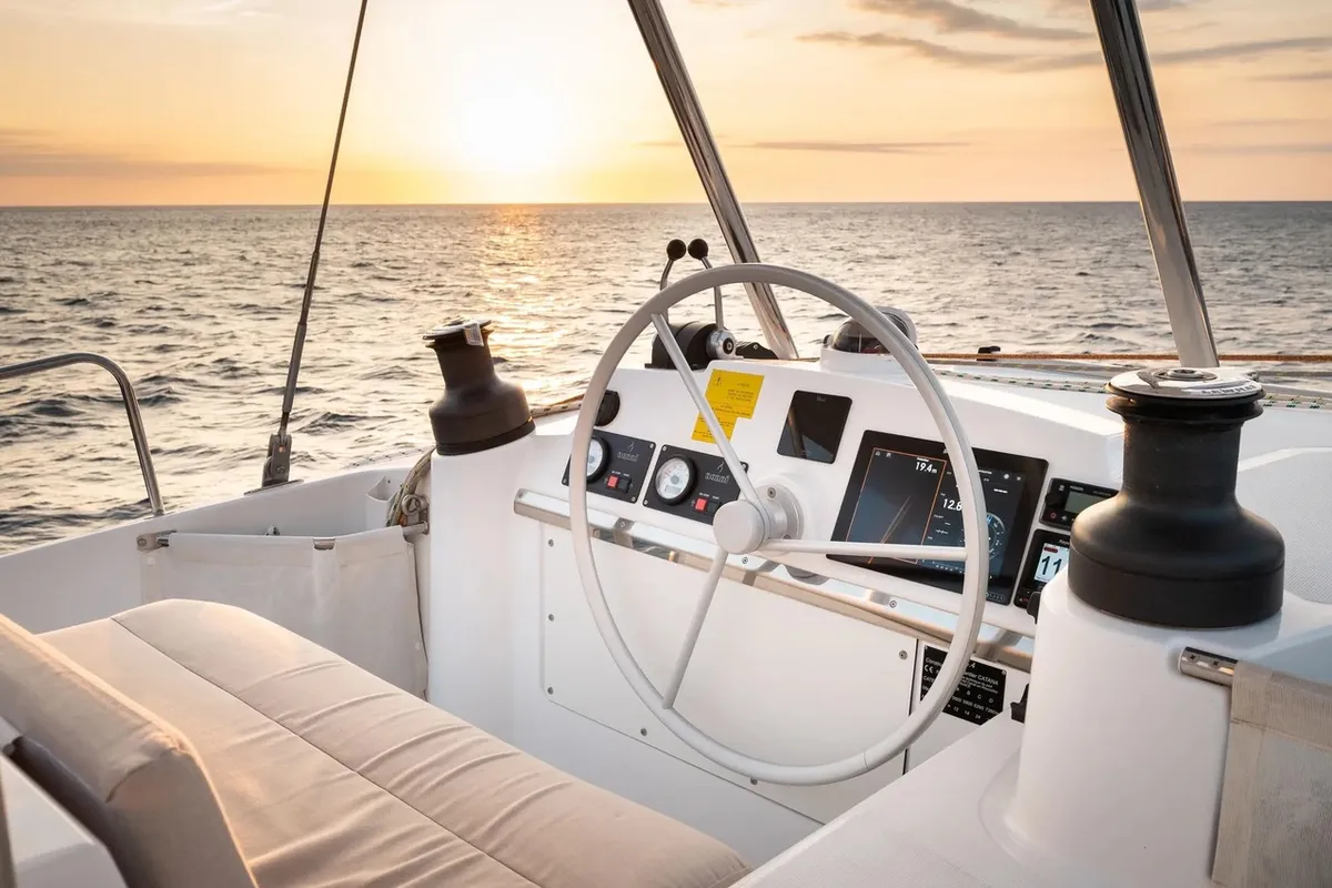 Cockpit of Romar One, a Bali 4.4 catamaran at Athens, Greece