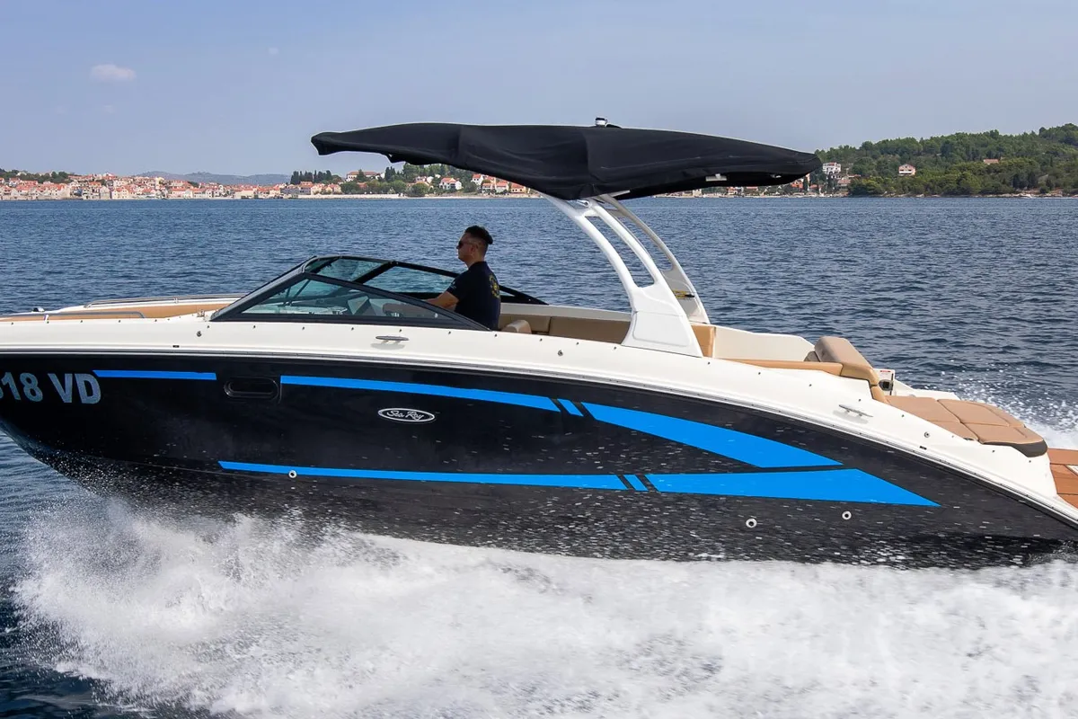 Exterior view of Happy Hours, a Sea Ray SDX 270 motorboat at Tribunj, Croatia