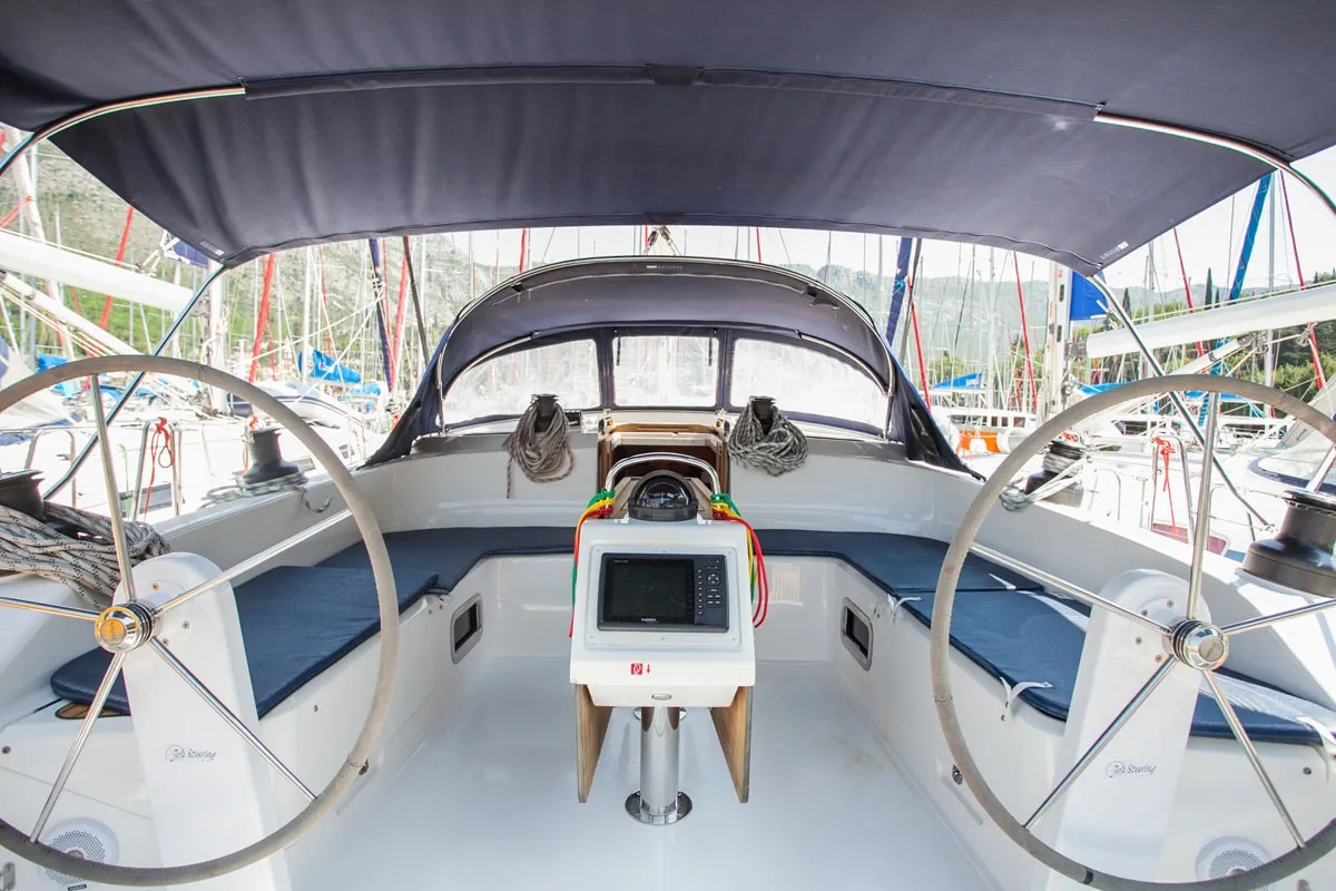 Cockpit of Fantasy, a Bavaria Cruiser 51 sailboat at Split, Croatia