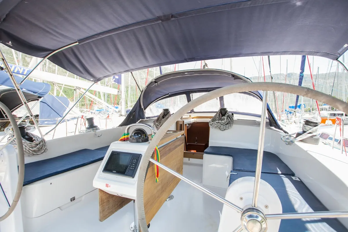 Cockpit of Fantasy, a Bavaria Cruiser 51 sailboat at Split, Croatia
